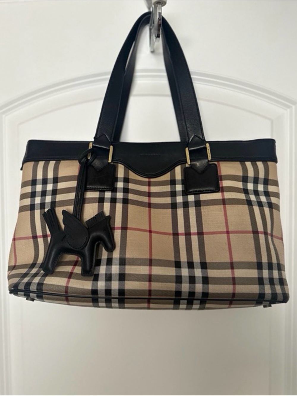 Burberry House Check Leather Top Handle Shopper Bag good condition w/ pony charm